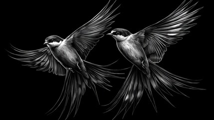 a photo of two birds soaring in the sky, their wings fully spread, against a dark background