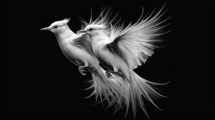 Wall Mural -   Two white birds flying in the air with wings spread wide