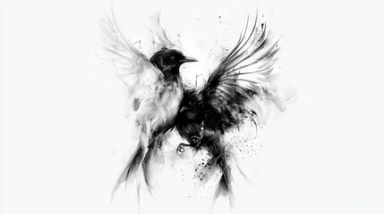 Wall Mural -   Black & White painting of a bird with wings spread + B&W photo of the same bird