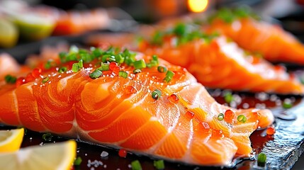 Wall Mural -   A plate of close-up fish with lemon wedges and side garnishes