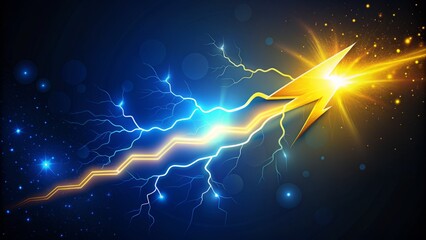 Dramatic bold yellow lightning bolt strokes electrify a dark blue background with abstract vector shapes, conveying powerful energy and dynamic movement.