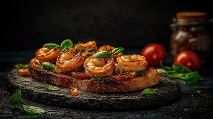 Wall Mural -  Bread with Shrimp, Wooden Cutting Board, Tomatoes, Basil