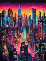 Wall Mural - Stunning illustration of a vibrant cityscape with glowing neon outlines and floating elements, glowing in the dark with colorful multicolor light, centered on a black background