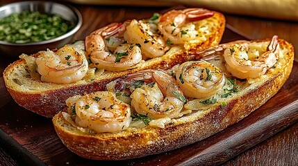 Wall Mural -   Bread with shrimp on wood cutting board, alongside green peas