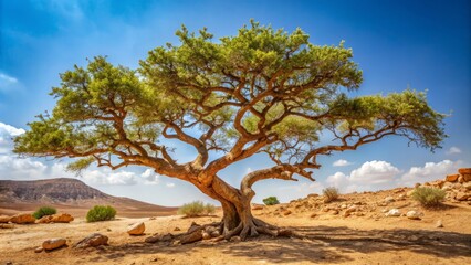 Drought-tolerant Commiphora tree with twisted branches and tiny leaves, native to Middle East and Africa, prized for its fragrant myrrh resin.