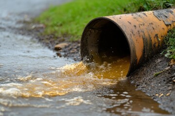 A rusty pipe discharges contaminated water into a puddle beside a green landscape, highlighting pollution and environmental concerns.