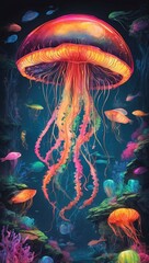 Wall Mural - Stunning illustration of a vibrant deep-sea scene with glowing jellyfish and fish, glowing in the dark with colorful multicolor light, centered on a black background