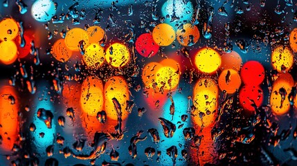 Wall Mural -   Close-up window with raindrops, street light in background