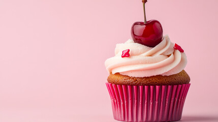 A delicious cherry cupcake set against a pink background.