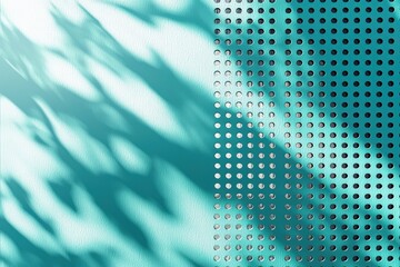 Poster - Soft shadows create patterns on a turquoise wall divided by a perforated surface, highlighting the beauty of contrasting textures in natural light