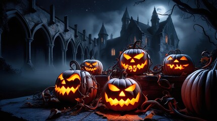 Wall Mural - Detailed and realistic 4K wallpaper with a Halloween theme featuring pumpkins and old buildings against a background of smoky forest fog with a spooky atmosphere at night