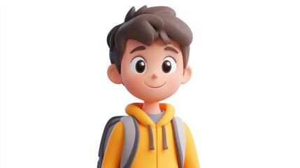 Wall Mural - 3D Animated Boy Character Smiling in Yellow Hoodie with Friendly Expression