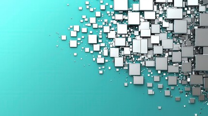 Fototapete - A collection of silver squares is scattered across a bright turquoise surface, creating a striking visual contrast and modern aesthetic