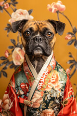 Poster - A dog wearing a kimono sitting in front of a floral wallpaper