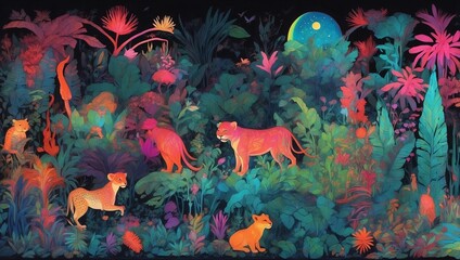 Wall Mural - Stunning illustration of a vibrant jungle with glowing plants and mythical animals, glowing in the dark with colorful multicolor light, centered on a black background