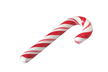 Close-up of a traditional red and white peppermint candy cane isolated on a transparent background. symbolizing Christmas and holiday festivities.