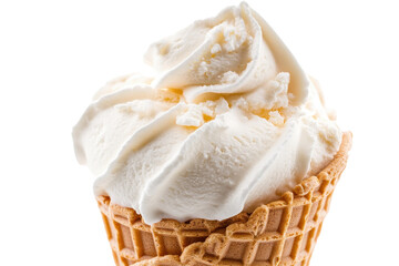 Close-up of creamy vanilla ice cream in a waffle cone, perfect for hot summer days and sweet cravings.