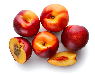 Wall Mural - juicy fresh nectarines bundle top front view whole fruit cut halfs isolated transparent background