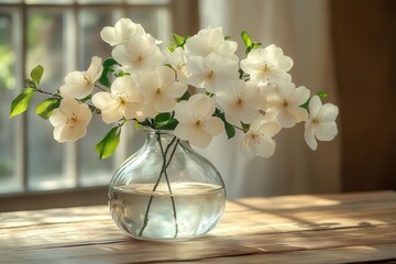 Poster - minimalist floral arrangement delicate white blossoms in sleek glass vase pale wood table surface soft natural light clean lines airy composition subtle shadows