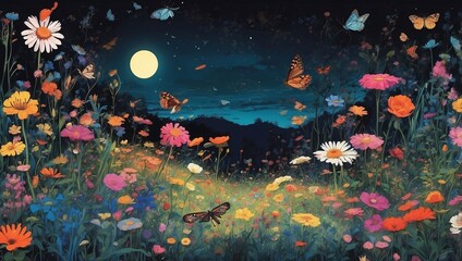 Wall Mural - Stunning illustration of a vibrant moonlit meadow with radiant wildflowers and glowing insects, glowing in the dark with colorful multicolor light, centered on a black background