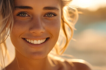 Wall Mural - A woman with a smile on her face at the beach