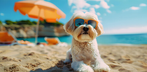 Wall Mural - a cute dog with sunglasses on the sand beach on a sunny day enjoying vacation. hot summer day at the sea ocean. 