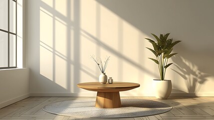 Canvas Print - Minimalist living room with wooden coffee table and plant.