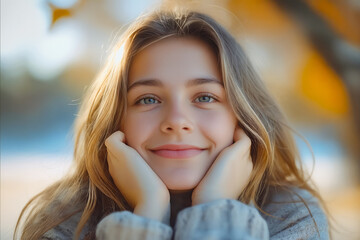 Poster - A young girl with long blonde hair and blue eyes smiles at the camera