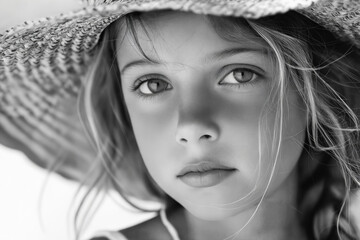 Poster - A young girl wearing a straw hat looking at the camera