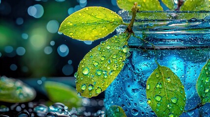 Wall Mural -   A jar with water and a green plant on top, and droplets below