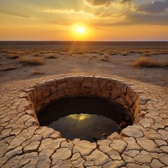 Canvas Print - barren-landscape-with-a-dry-well-in-the-middle-sunset-with-golden-yellow-light