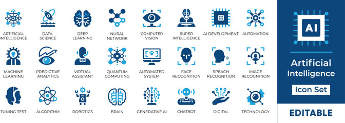 Artificial Intelligence Icon Set featuring essential AI concepts like machine learning, deep learning, and computer vision. Perfect for tech presentations, websites, and apps. Editable vector graphics