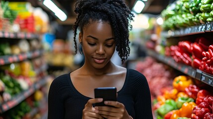 A woman comparing prices of groceries online using a mobile app that displays savings opportunities and discounts Stock Photo with copy space