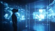 © kinara art design - A person wearing a virtual reality headset stands in front of a blue glowing digital interface.