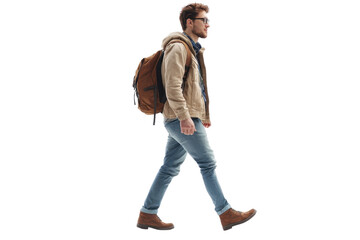 man walking with a backpack, wearing casual clothes. side view of a confident young male commuter is
