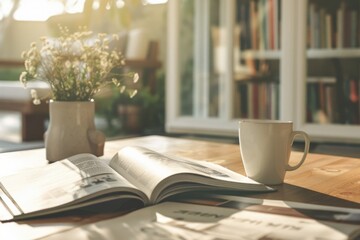 Wall Mural - A person reads from an open book while enjoying a cup of coffee nearby