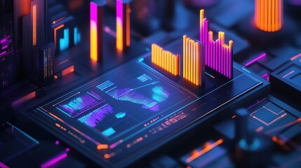 A computer monitor displays a colorful cityscape with buildings and a skyline