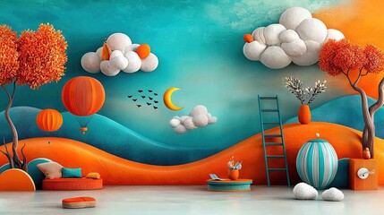 Wall Mural -   A painting of a landscape with clouds, trees, and a ladder on the left side of the image