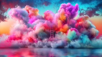 Wall Mural -   A stunning portrait of a ladder ascending into the cloudy sky above tranquil water, illuminated by the fading sunlight of an enchanting sunset