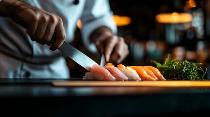 Wall Mural - A chef slicing fresh sashimi at a sushi bar, with a sharp knife and precision