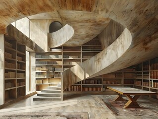 Canvas Print - Modern Library Interior with Concrete Staircase and Bookshelves.