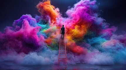 Wall Mural -   A man on a ladder in front of a colorful cloud of smoke with a full moon in the background