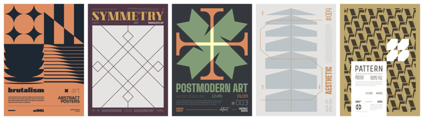 Leinwandbilder - Set modernism art colorful trendy poster, artwork minimalistic and  brutalism style, abstract geometric A4 rave postmodern composition, vector simple shapes print graphic in Y2K aesthetics, set 5