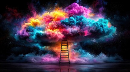 Wall Mural -   Ladder to colorful cloud over water, black background