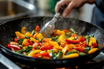 A person is cooking a stir fry in a pan. The pan is full of vegetables and the person is stirring it with a spatula