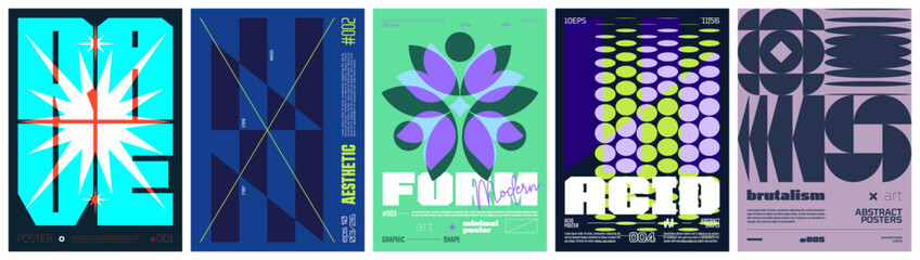 Leinwandbilder - Set modernism art colorful trendy poster, artwork minimalistic and  brutalism style, abstract geometric A4 rave postmodern composition, vector simple shapes print graphic in Y2K aesthetics, set 2