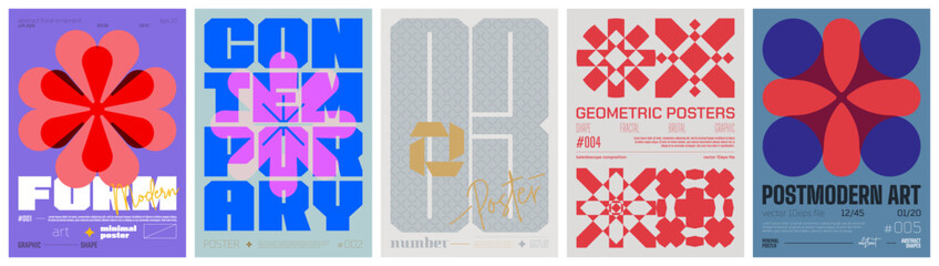 Fototapete - Set modernism art colorful trendy poster, artwork minimalistic and  brutalism style, abstract geometric A4 rave postmodern composition, vector simple shapes print graphic in Y2K aesthetics, set 3