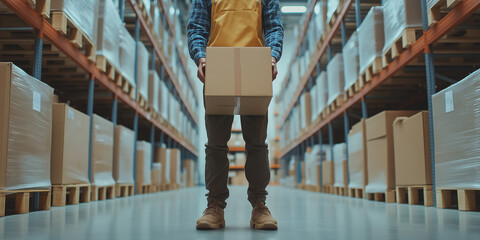 Warehouse worker carrying a cardboard box in a large, well-organized storage facility. The aisle is filled with neatly stacked boxes, representing efficiency and logistics.