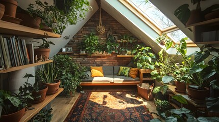 Wall Mural - Cozy Attic Transformed Into Serene Indoor Garden Sanctuary with Skylights and Lush Greenery