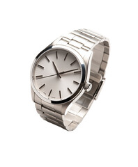 classic silver wristwatch with round face and metal band isolated on transparent background